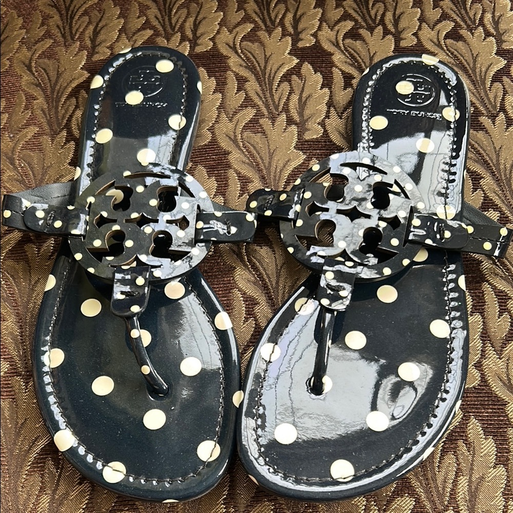 Tory Burch Navy and White Polka Dot Sandals